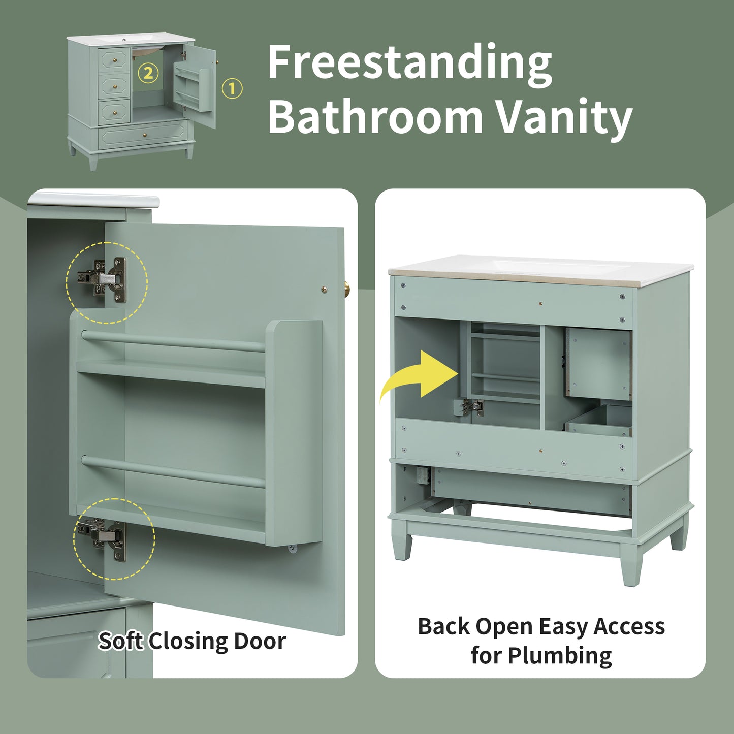 VanityFus 30-in Green Bathroom Vanity Single Sink Combo Ceramic Top 1 Soft Close Door 3 drawers Undermount