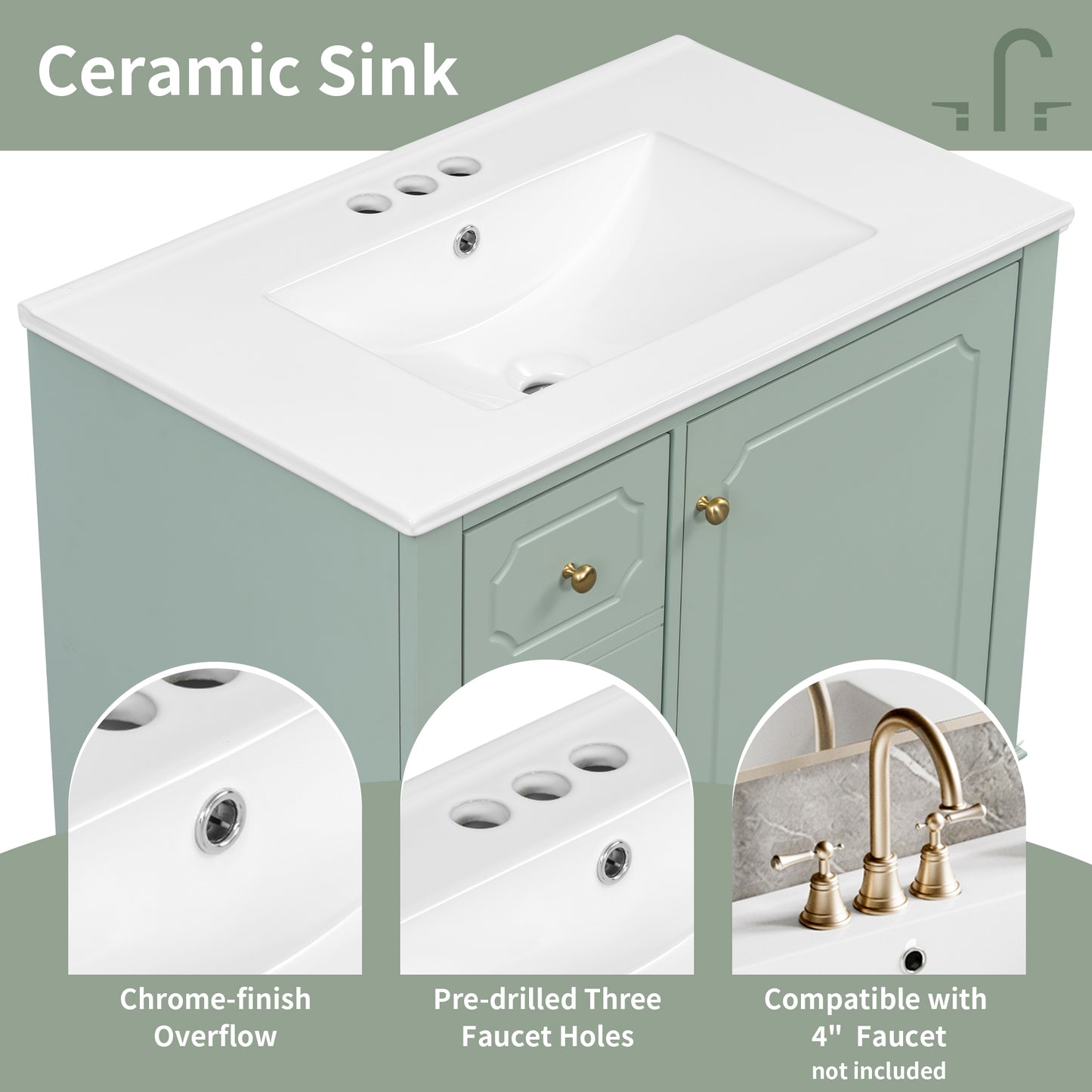 VanityFus 30-in Green Bathroom Vanity Single Sink Combo Ceramic Top 1 Soft Close Door 3 drawers Undermount