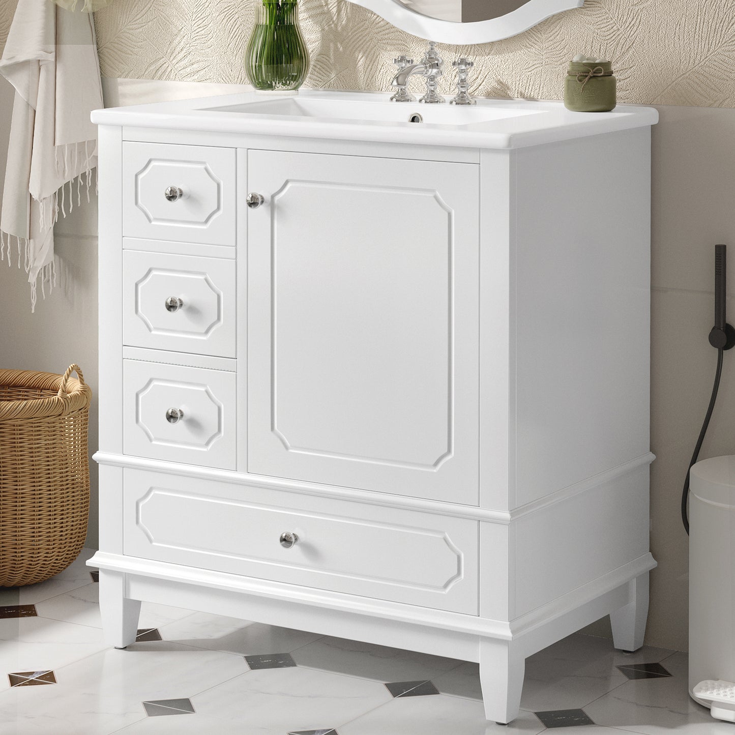 VanityFus 30-in White Bathroom Vanity Single Sink Combo Ceramic Top 1 Soft Close Door 3 drawers Undermount