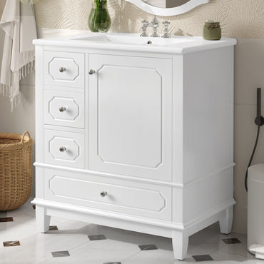 VanityFus 30-in White Bathroom Vanity Single Sink Combo Ceramic Top 1 Soft Close Door 3 drawers Undermount