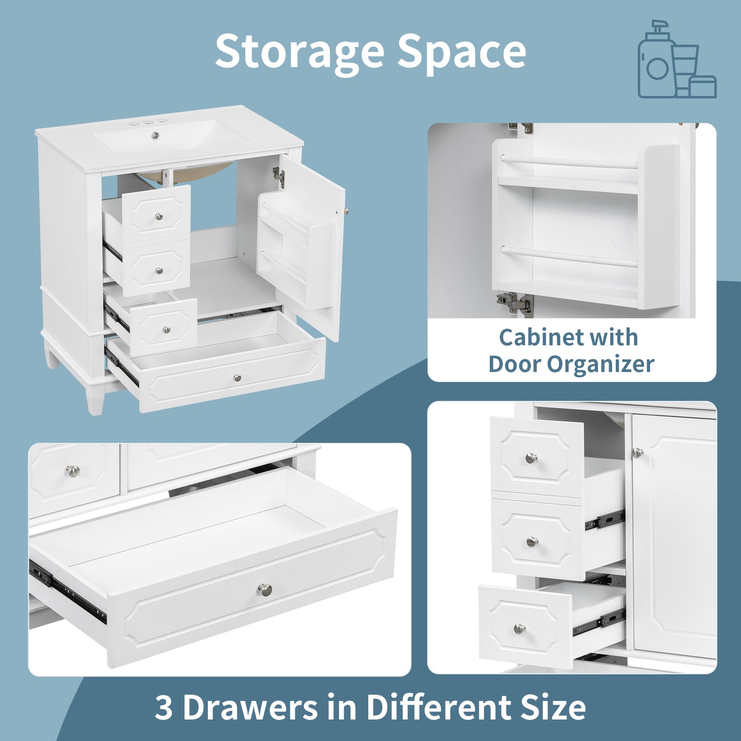 VanityFus 30-in White Bathroom Vanity Single Sink Combo Ceramic Top 1 Soft Close Door 3 drawers Undermount