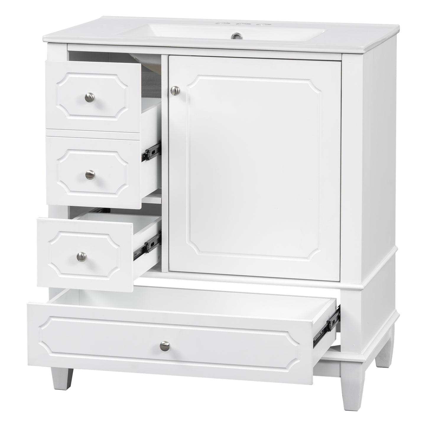 VanityFus 30-in White Bathroom Vanity Single Sink Combo Ceramic Top 1 Soft Close Door 3 drawers Undermount