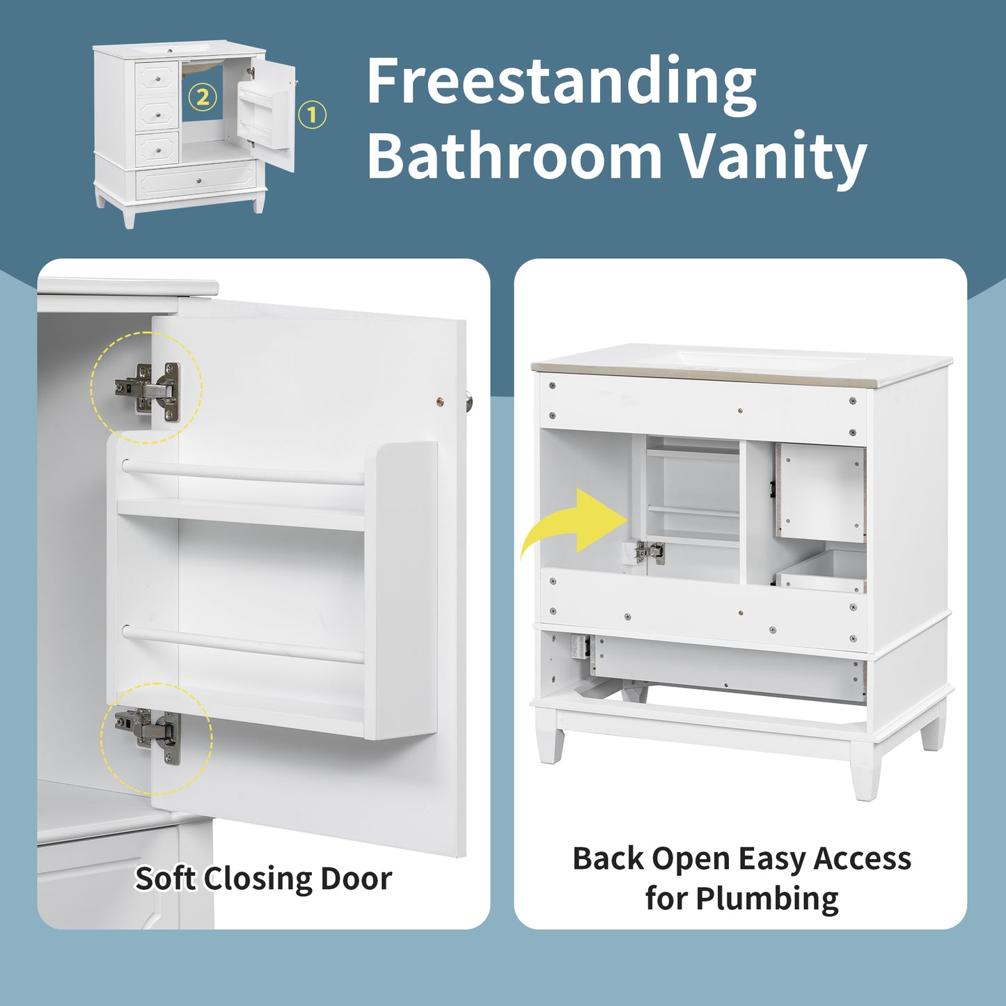 VanityFus 30-in White Bathroom Vanity Single Sink Combo Ceramic Top 1 Soft Close Door 3 drawers Undermount