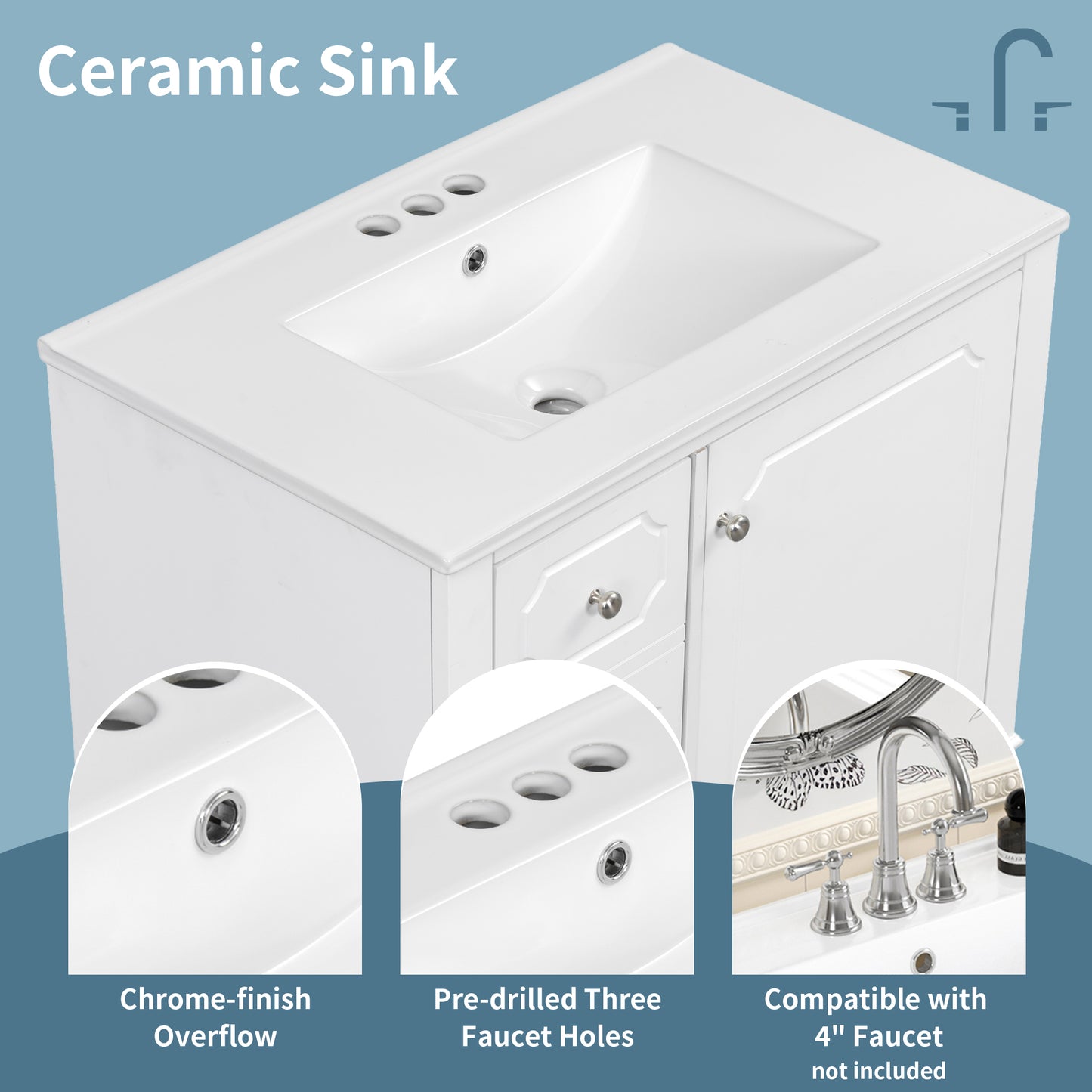 VanityFus 30-in White Bathroom Vanity Single Sink Combo Ceramic Top 1 Soft Close Door 3 drawers Undermount