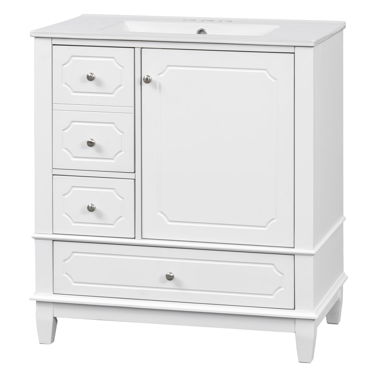 VanityFus 30-in White Bathroom Vanity Single Sink Combo Ceramic Top 1 Soft Close Door 3 drawers Undermount