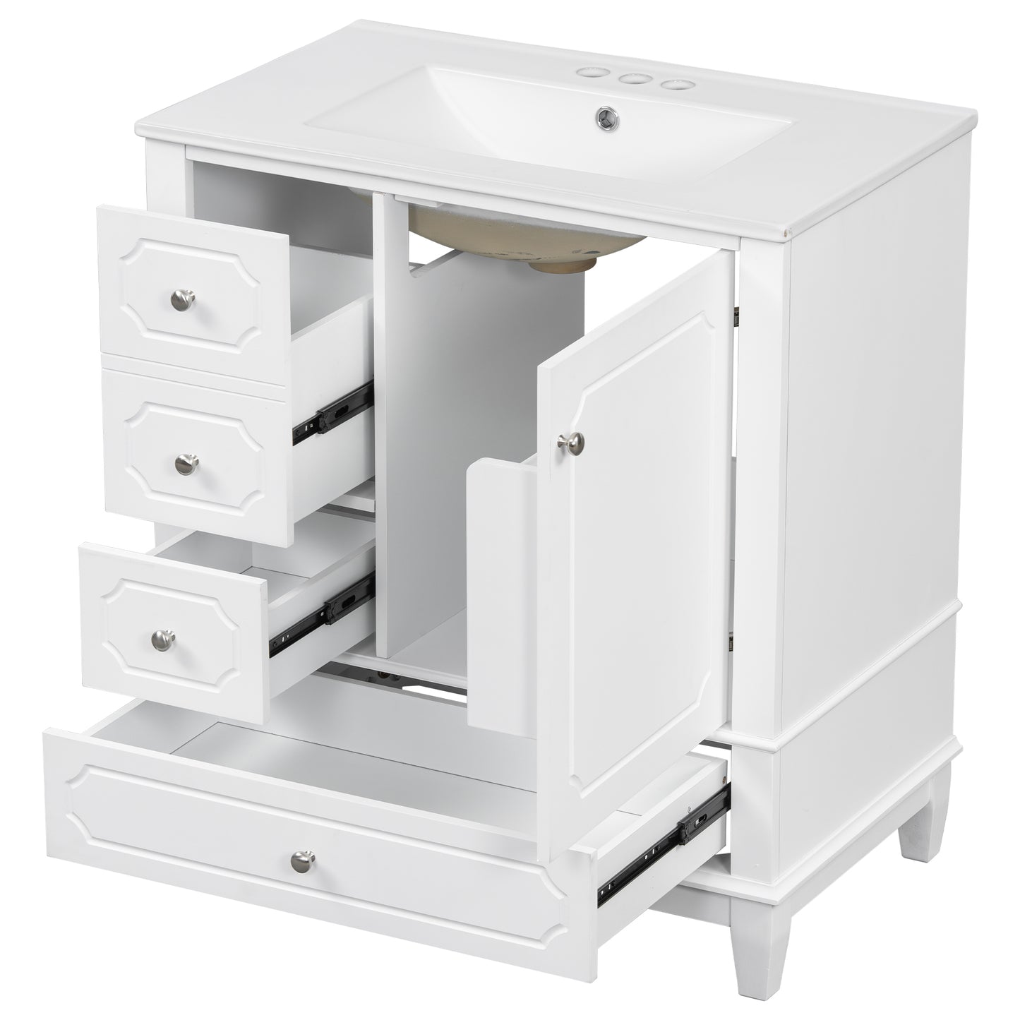 VanityFus 30-in White Bathroom Vanity Single Sink Combo Ceramic Top 1 Soft Close Door 3 drawers Undermount