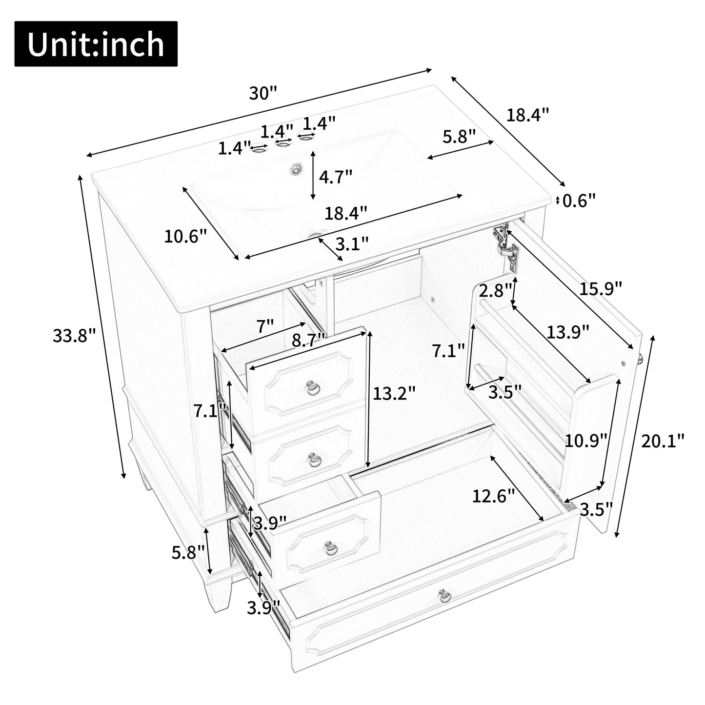 VanityFus 30-in White Bathroom Vanity Single Sink Combo Ceramic Top 1 Soft Close Door 3 drawers Undermount