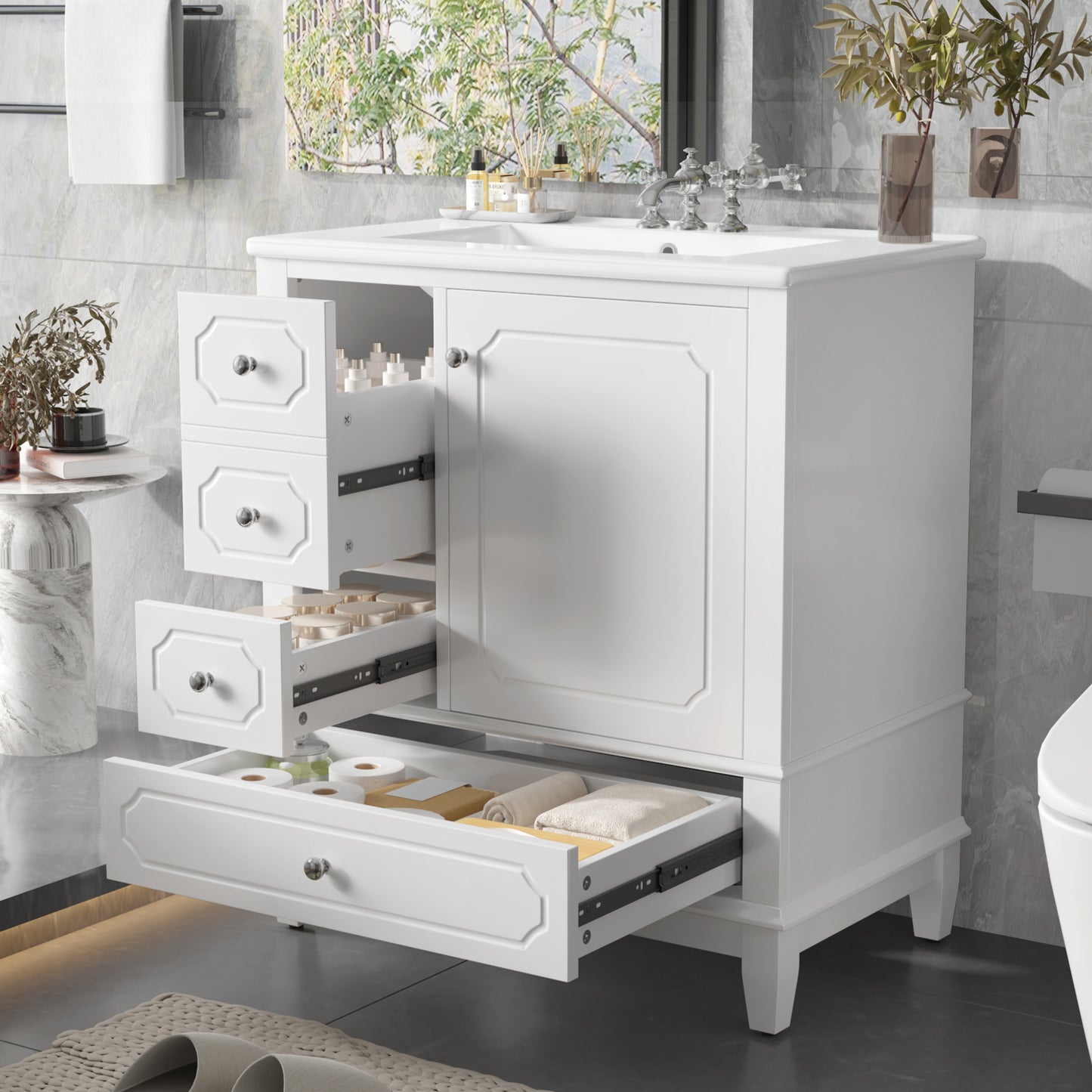 VanityFus 30-in White Bathroom Vanity Single Sink Combo Ceramic Top 1 Soft Close Door 3 drawers Undermount
