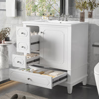 VanityFus 30-in White Bathroom Vanity Single Sink Combo Ceramic Top 1 Soft Close Door 3 drawers Undermount