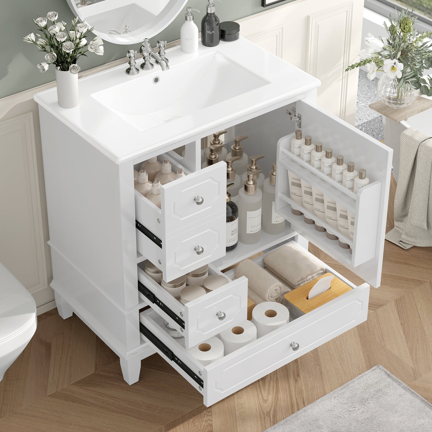 VanityFus 30-in White Bathroom Vanity Single Sink Combo Ceramic Top 1 Soft Close Door 3 drawers Undermount