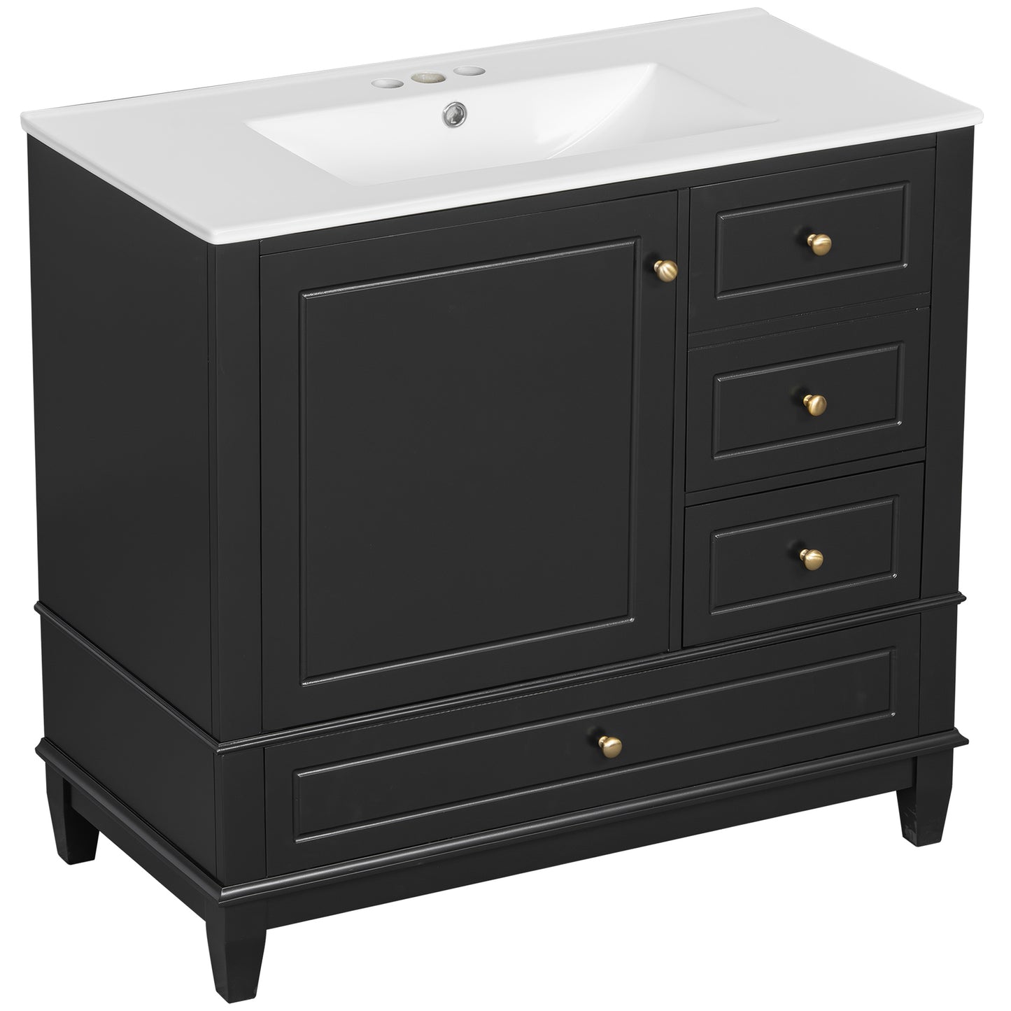 VanityFus 36-in Black Bathroom Vanity Single Sink Combo Ceramic Top 1 Soft Close Door 3 drawers Undermount