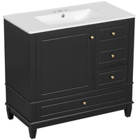 VanityFus 36-in Black Bathroom Vanity Single Sink Combo Ceramic Top 1 Soft Close Door 3 drawers Undermount