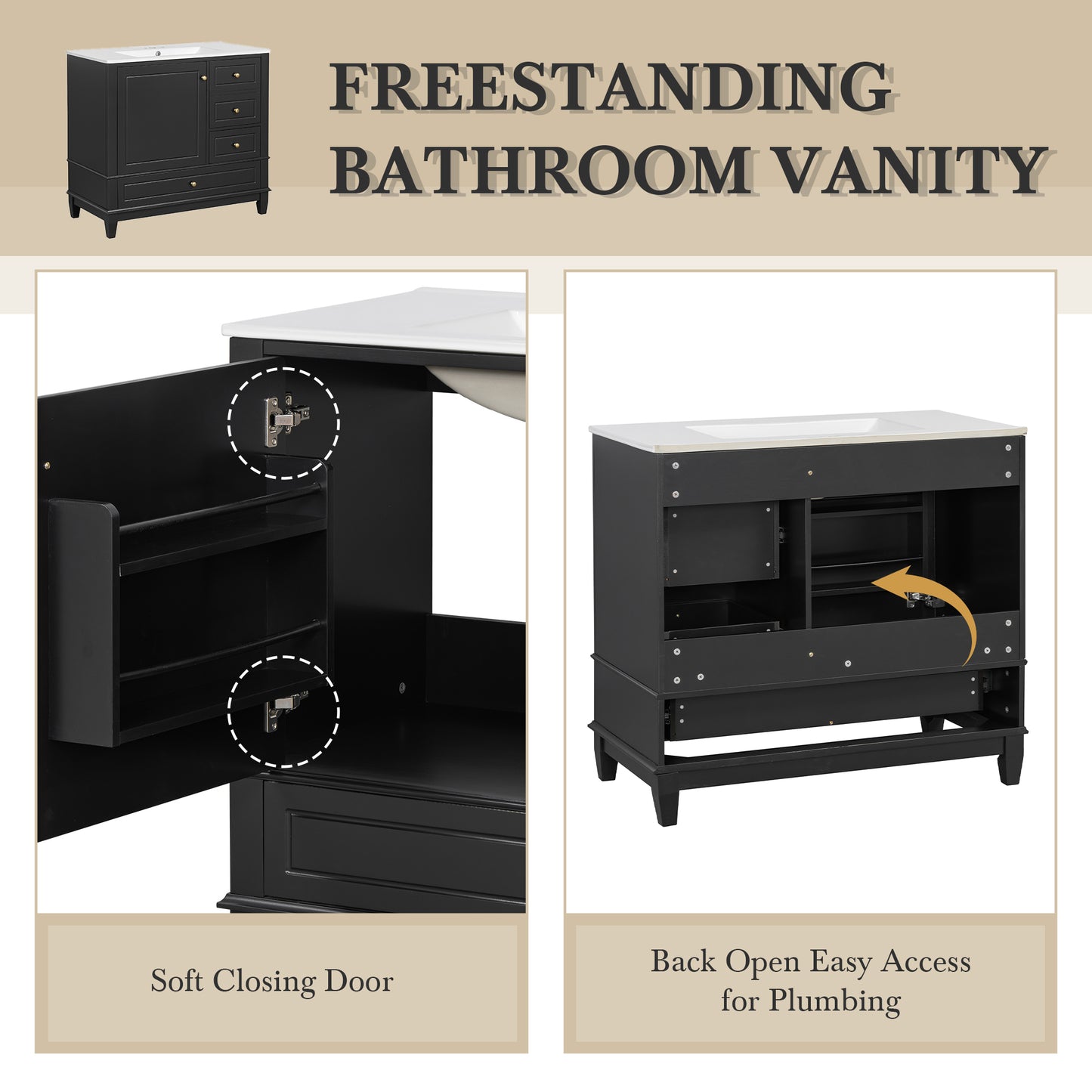 VanityFus 36-in Black Bathroom Vanity Single Sink Combo Ceramic Top 1 Soft Close Door 3 drawers Undermount