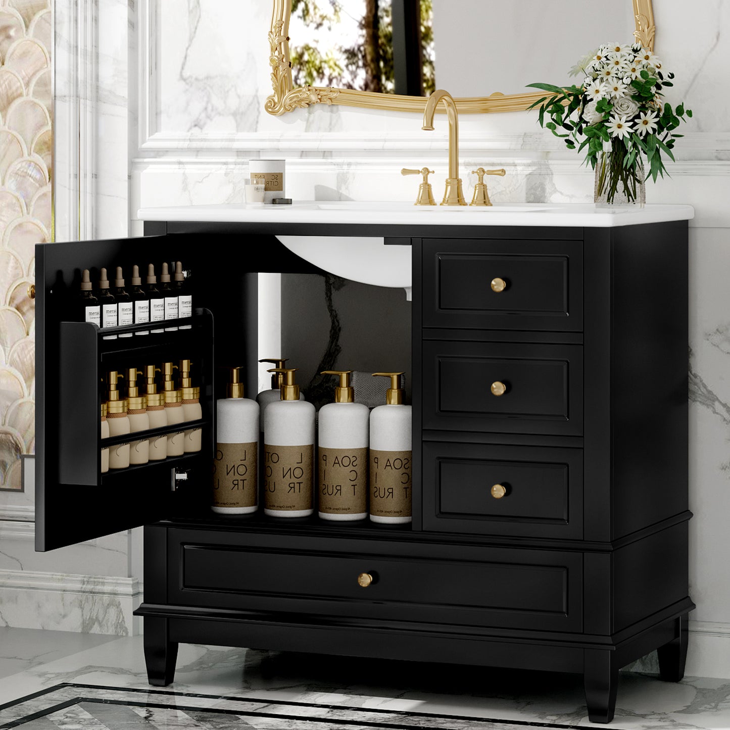 VanityFus 36-in Black Bathroom Vanity Single Sink Combo Ceramic Top 1 Soft Close Door 3 drawers Undermount