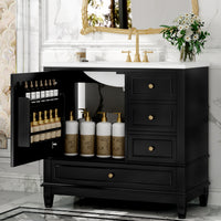 VanityFus 36-in Black Bathroom Vanity Single Sink Combo Ceramic Top 1 Soft Close Door 3 drawers Undermount