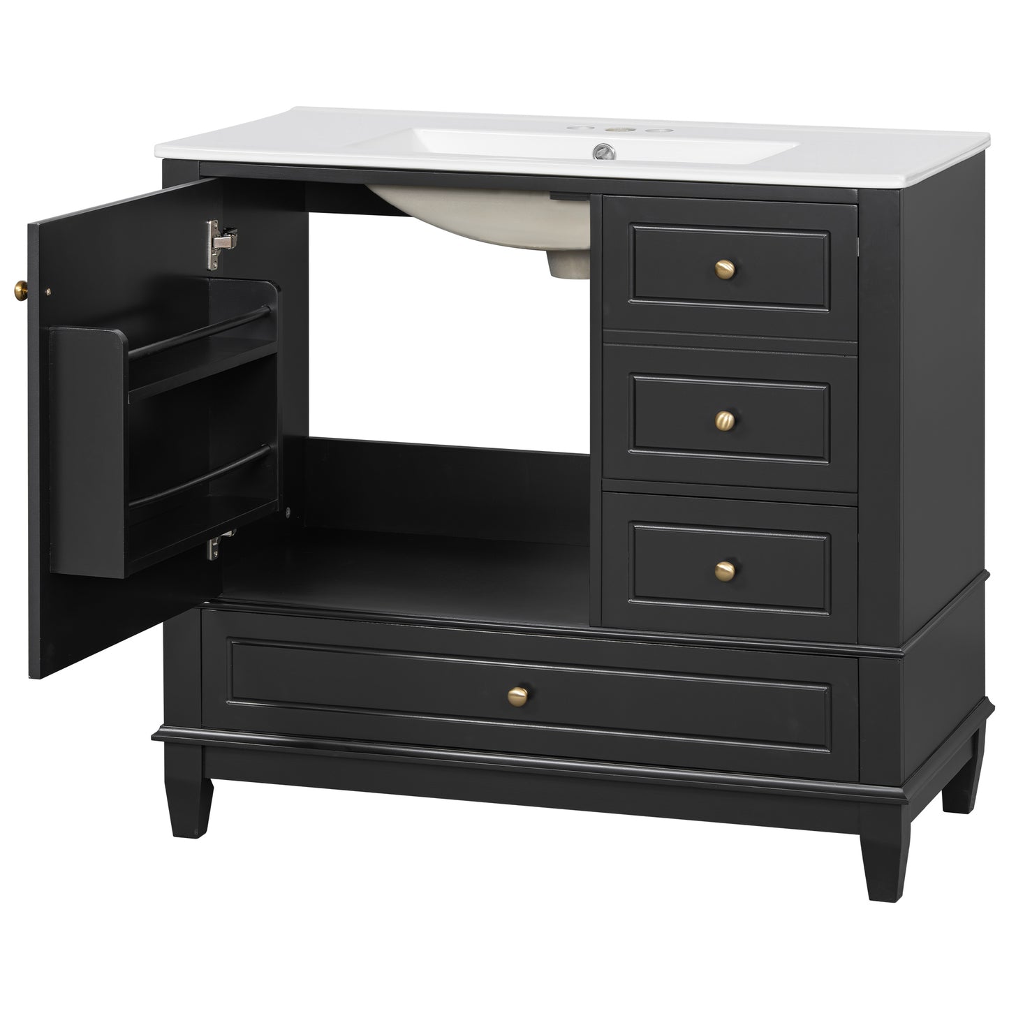 VanityFus 36-in Black Bathroom Vanity Single Sink Combo Ceramic Top 1 Soft Close Door 3 drawers Undermount