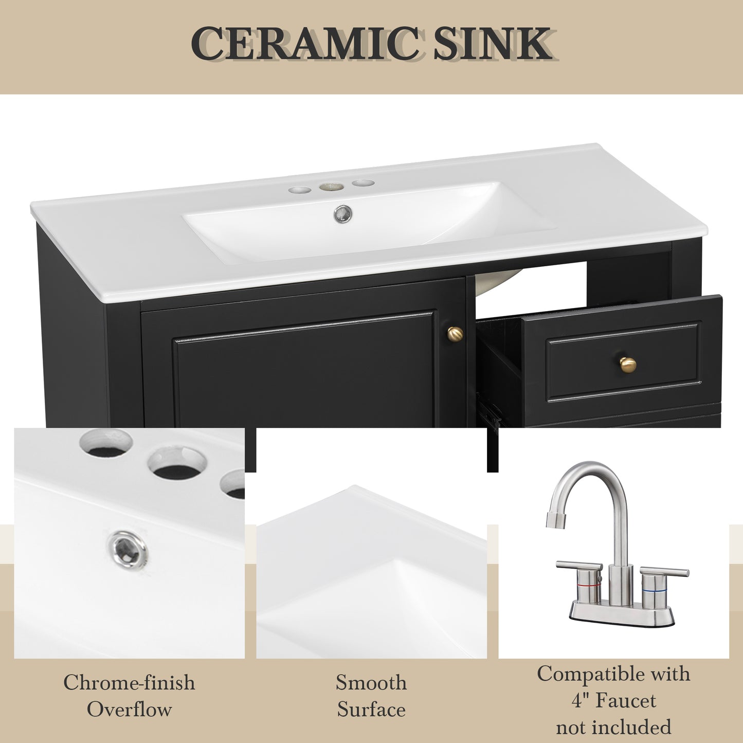 VanityFus 36-in Black Bathroom Vanity Single Sink Combo Ceramic Top 1 Soft Close Door 3 drawers Undermount