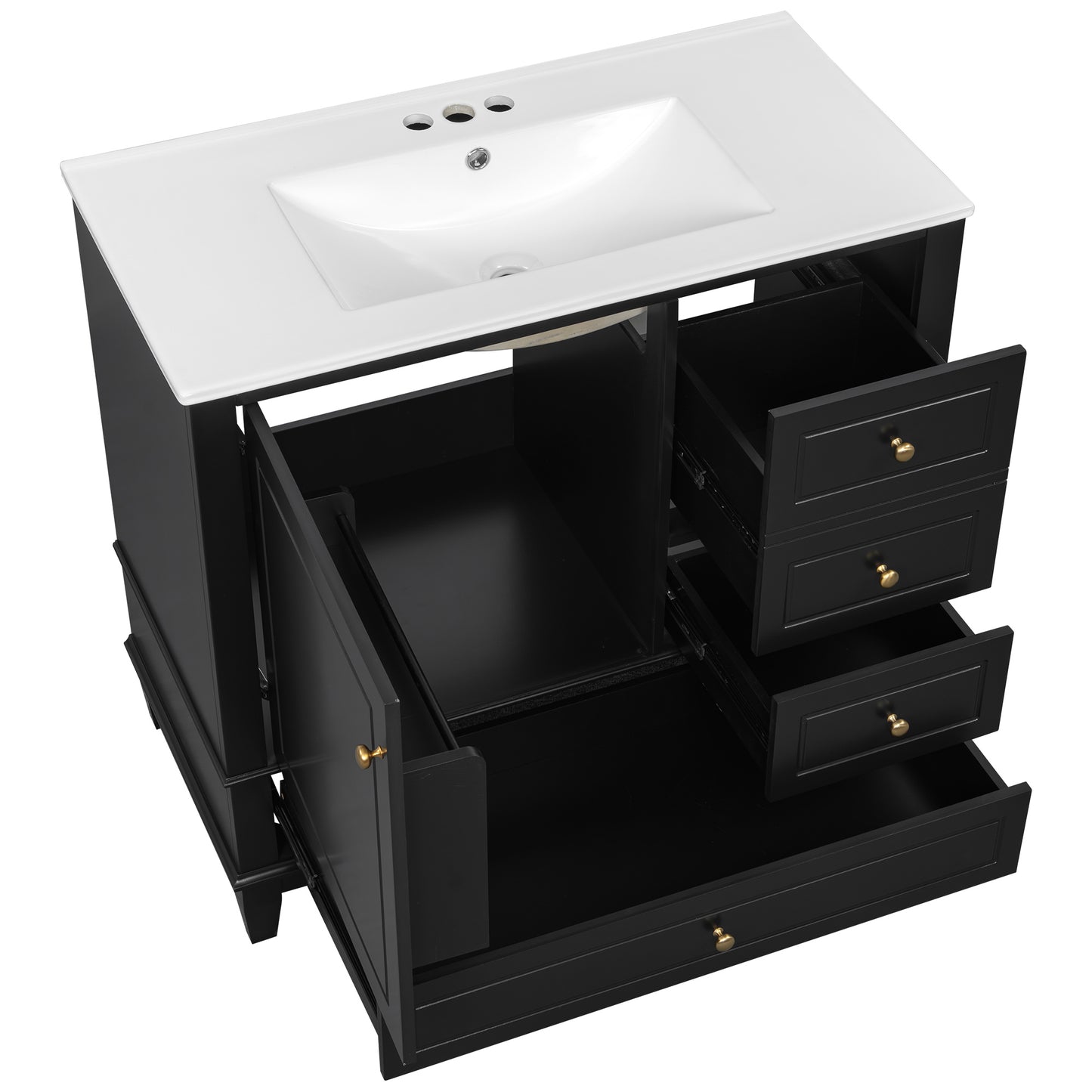 VanityFus 36-in Black Bathroom Vanity Single Sink Combo Ceramic Top 1 Soft Close Door 3 drawers Undermount