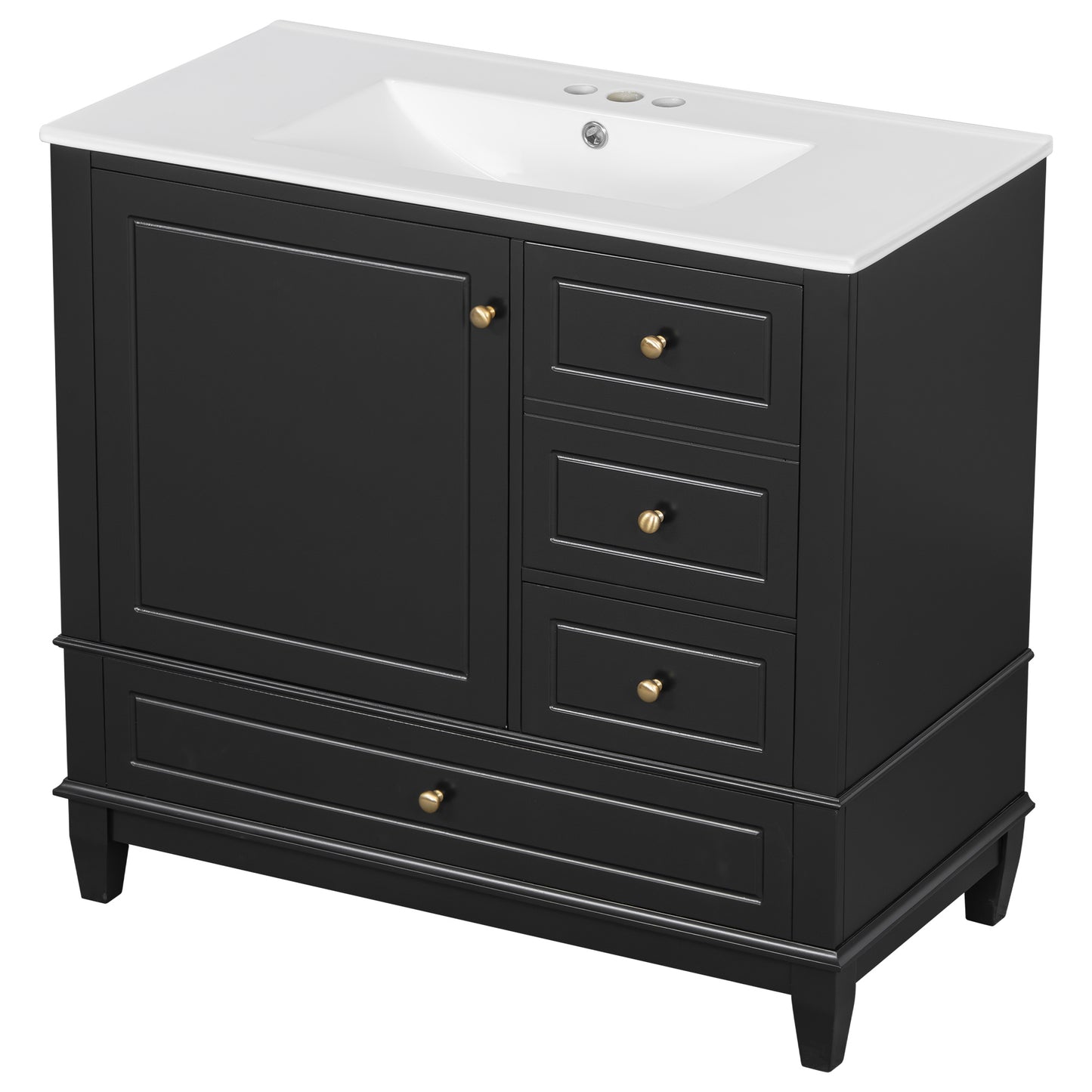 VanityFus 36-in Black Bathroom Vanity Single Sink Combo Ceramic Top 1 Soft Close Door 3 drawers Undermount