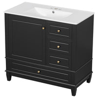 VanityFus 36-in Black Bathroom Vanity Single Sink Combo Ceramic Top 1 Soft Close Door 3 drawers Undermount