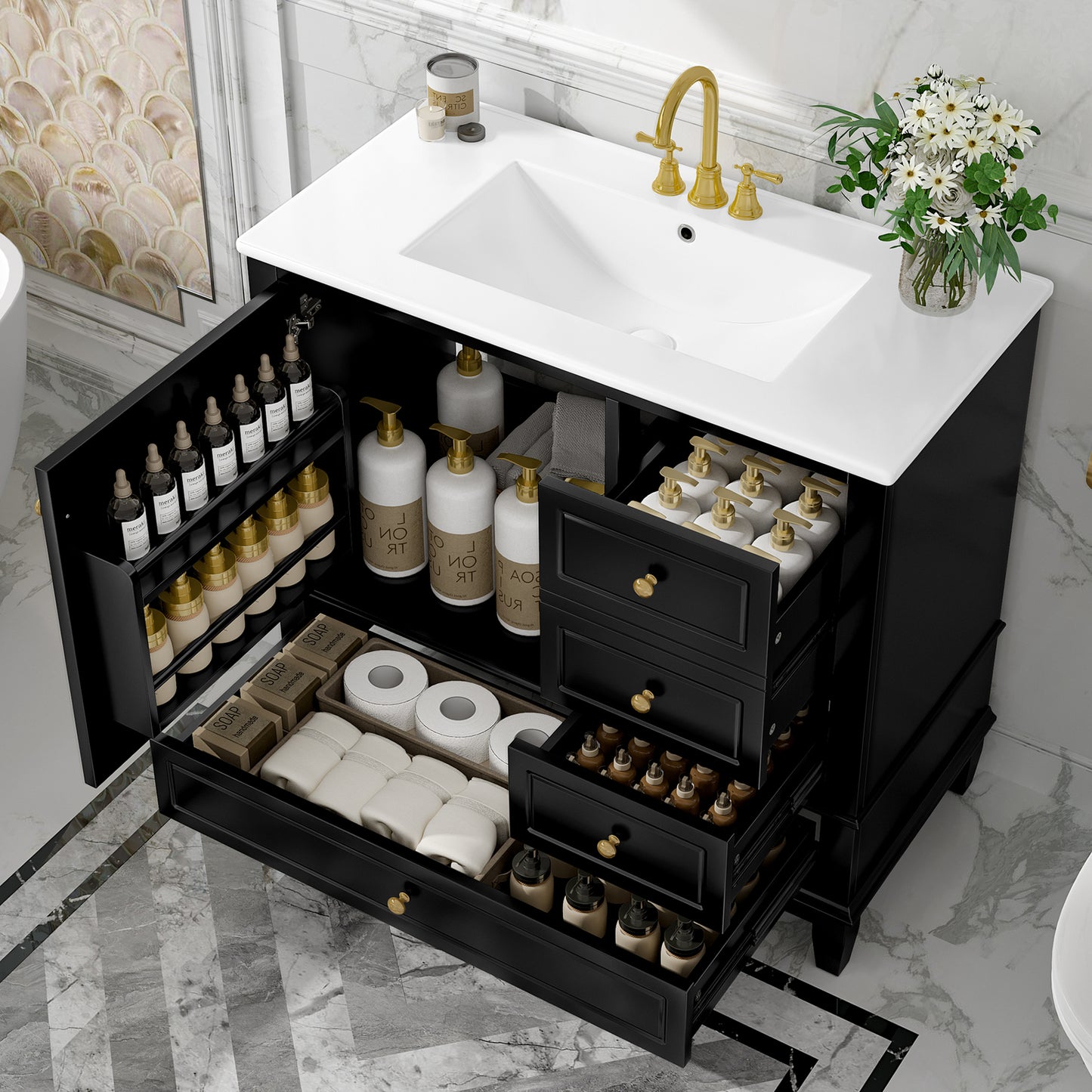 VanityFus 36-in Black Bathroom Vanity Single Sink Combo Ceramic Top 1 Soft Close Door 3 drawers Undermount