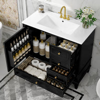 VanityFus 36-in Black Bathroom Vanity Single Sink Combo Ceramic Top 1 Soft Close Door 3 drawers Undermount