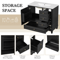 VanityFus 36-in Black Bathroom Vanity Single Sink Combo Ceramic Top 1 Soft Close Door 3 drawers Undermount