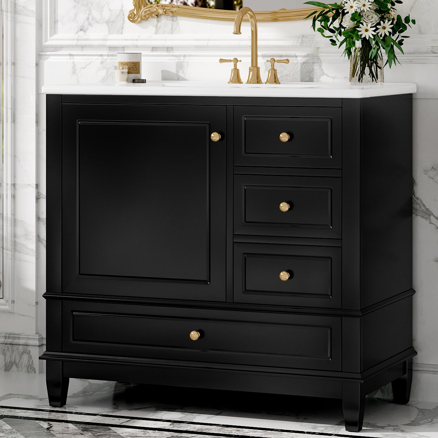 VanityFus 36-in Black Bathroom Vanity Single Sink Combo Ceramic Top 1 Soft Close Door 3 drawers Undermount
