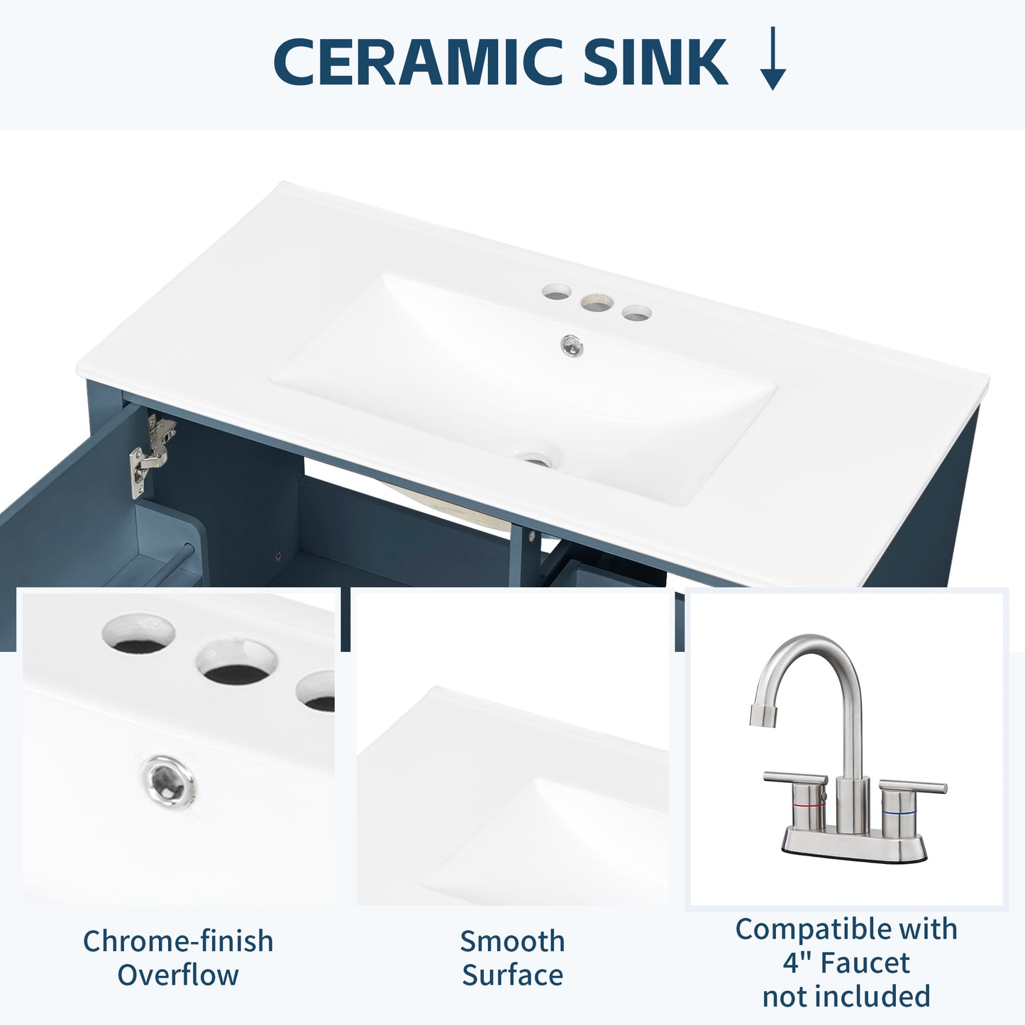 VanityFus 36-in Bathroom Vanity Blue Grey Single Sink Combo with Ceramic Top 1 Soft Close Door 3 Drawers
