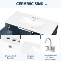 VanityFus 36-in Bathroom Vanity Blue Grey Single Sink Combo with Ceramic Top 1 Soft Close Door 3 Drawers