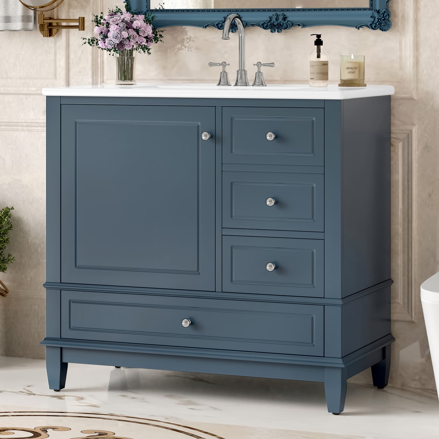 VanityFus 36-in Bathroom Vanity Blue Grey Single Sink Combo with Ceramic Top 1 Soft Close Door 3 Drawers