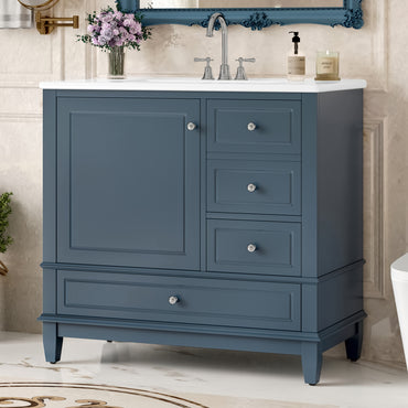 VanityFus 36-in Bathroom Vanity Blue Grey Single Sink Combo with Ceramic Top 1 Soft Close Door 3 Drawers