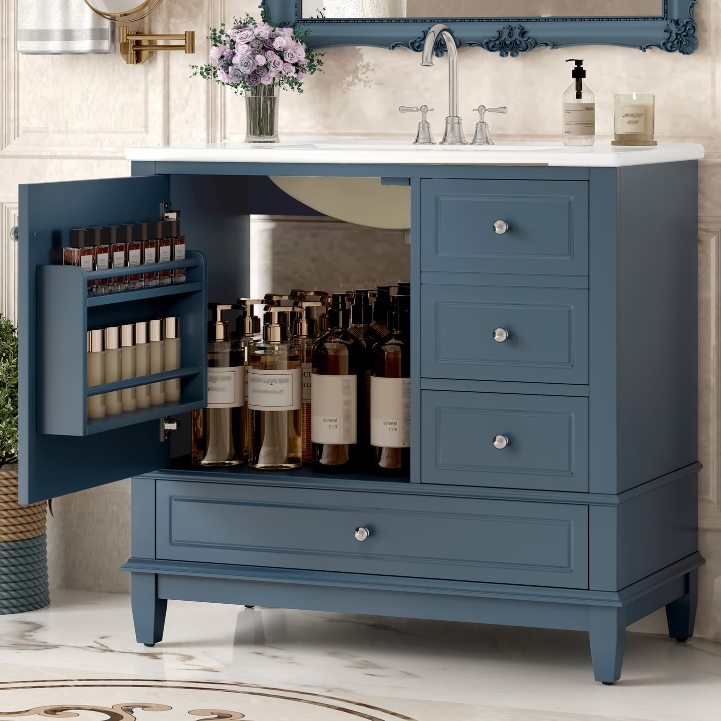 VanityFus 36-in Bathroom Vanity Blue Grey Single Sink Combo with Ceramic Top 1 Soft Close Door 3 Drawers