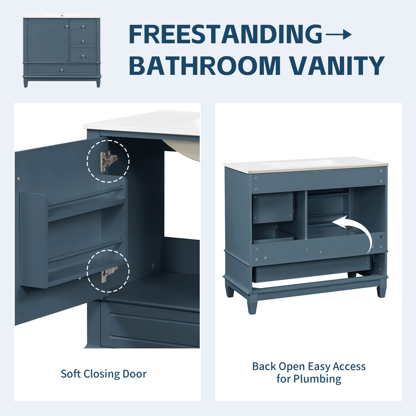 VanityFus 36-in Bathroom Vanity Blue Grey Single Sink Combo with Ceramic Top 1 Soft Close Door 3 Drawers