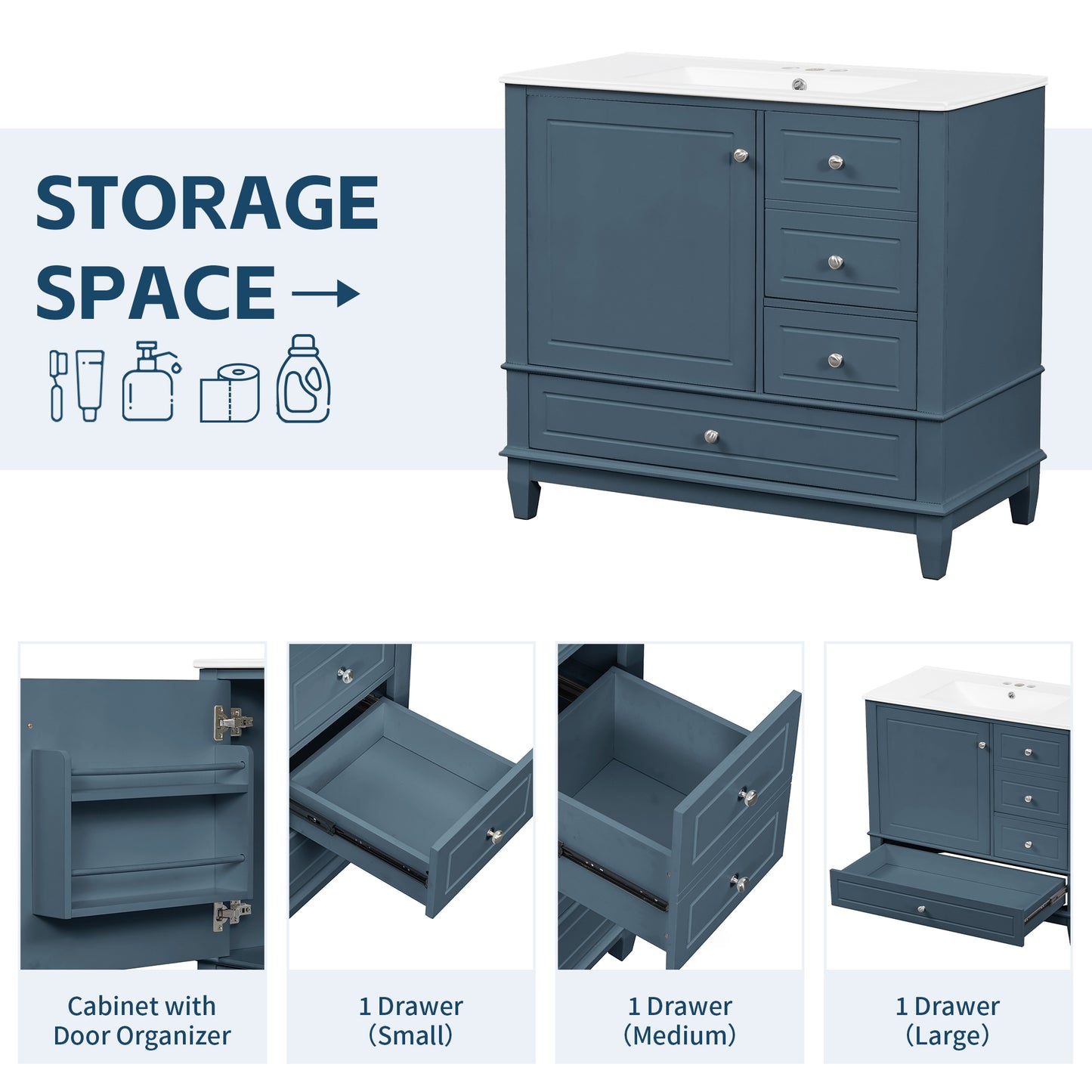 VanityFus 36-in Bathroom Vanity Blue Grey Single Sink Combo with Ceramic Top 1 Soft Close Door 3 Drawers