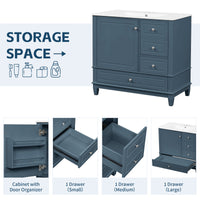 VanityFus 36-in Bathroom Vanity Blue Grey Single Sink Combo with Ceramic Top 1 Soft Close Door 3 Drawers