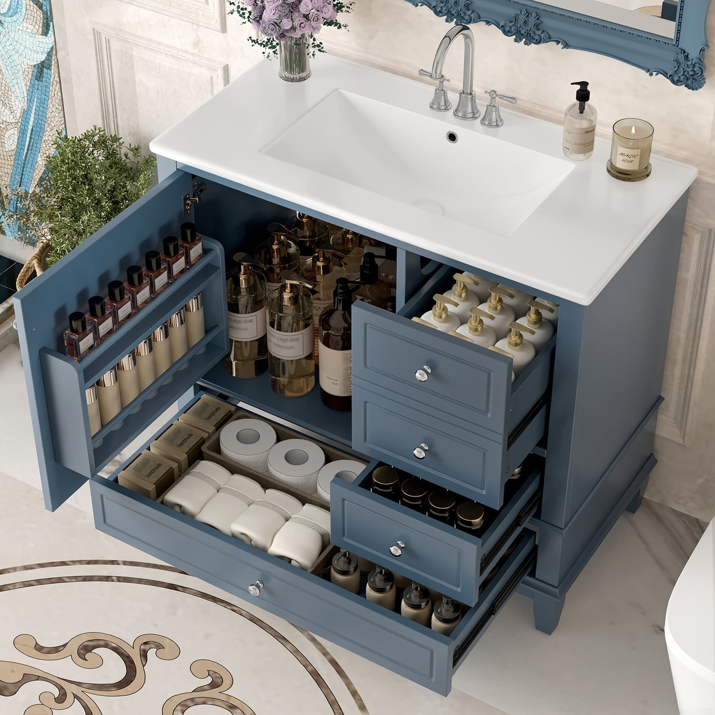 VanityFus 36-in Bathroom Vanity Blue Grey Single Sink Combo with Ceramic Top 1 Soft Close Door 3 Drawers