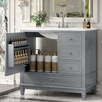 VanityFus 36-in Gray Bathroom Vanity Single Sink Combo Ceramic Top 1 Soft Close Door 3 drawers Undermount
