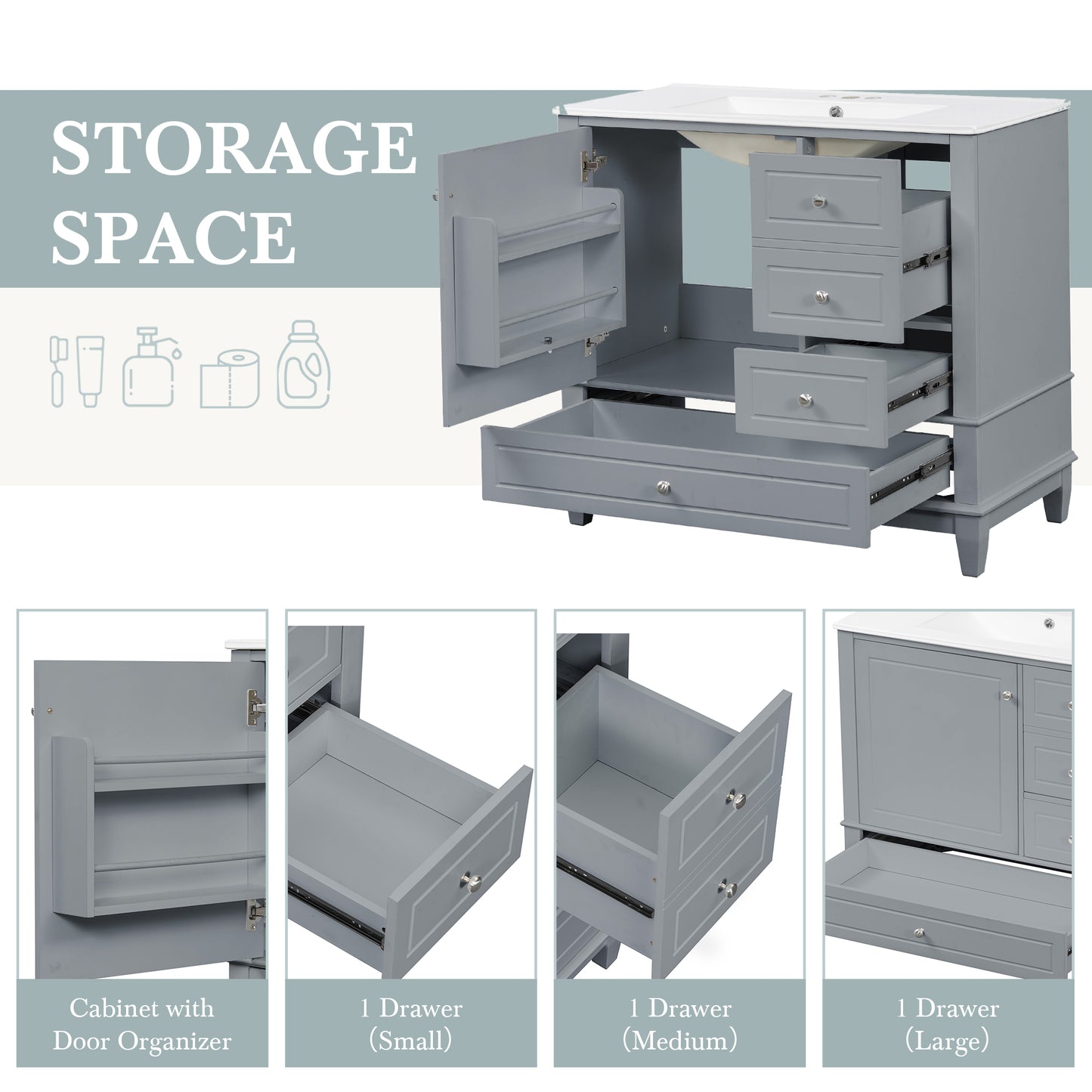 VanityFus 36-in Gray Bathroom Vanity Single Sink Combo Ceramic Top 1 Soft Close Door 3 drawers Undermount