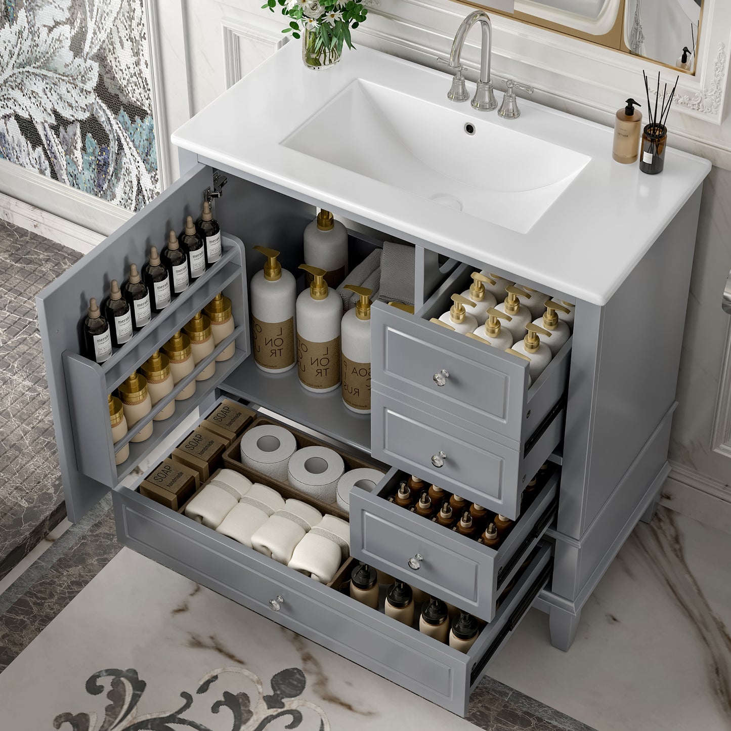 VanityFus 36-in Gray Bathroom Vanity Single Sink Combo Ceramic Top 1 Soft Close Door 3 drawers Undermount