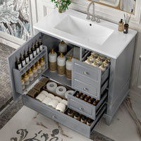 VanityFus 36-in Gray Bathroom Vanity Single Sink Combo Ceramic Top 1 Soft Close Door 3 drawers Undermount