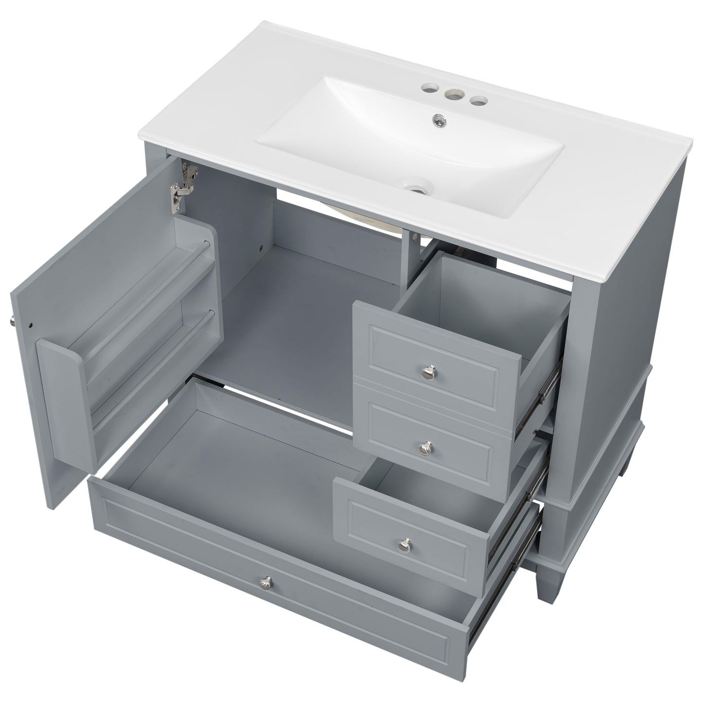 VanityFus 36-in Gray Bathroom Vanity Single Sink Combo Ceramic Top 1 Soft Close Door 3 drawers Undermount