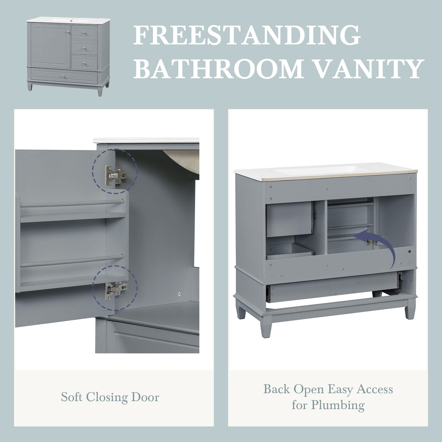 VanityFus 36-in Gray Bathroom Vanity Single Sink Combo Ceramic Top 1 Soft Close Door 3 drawers Undermount