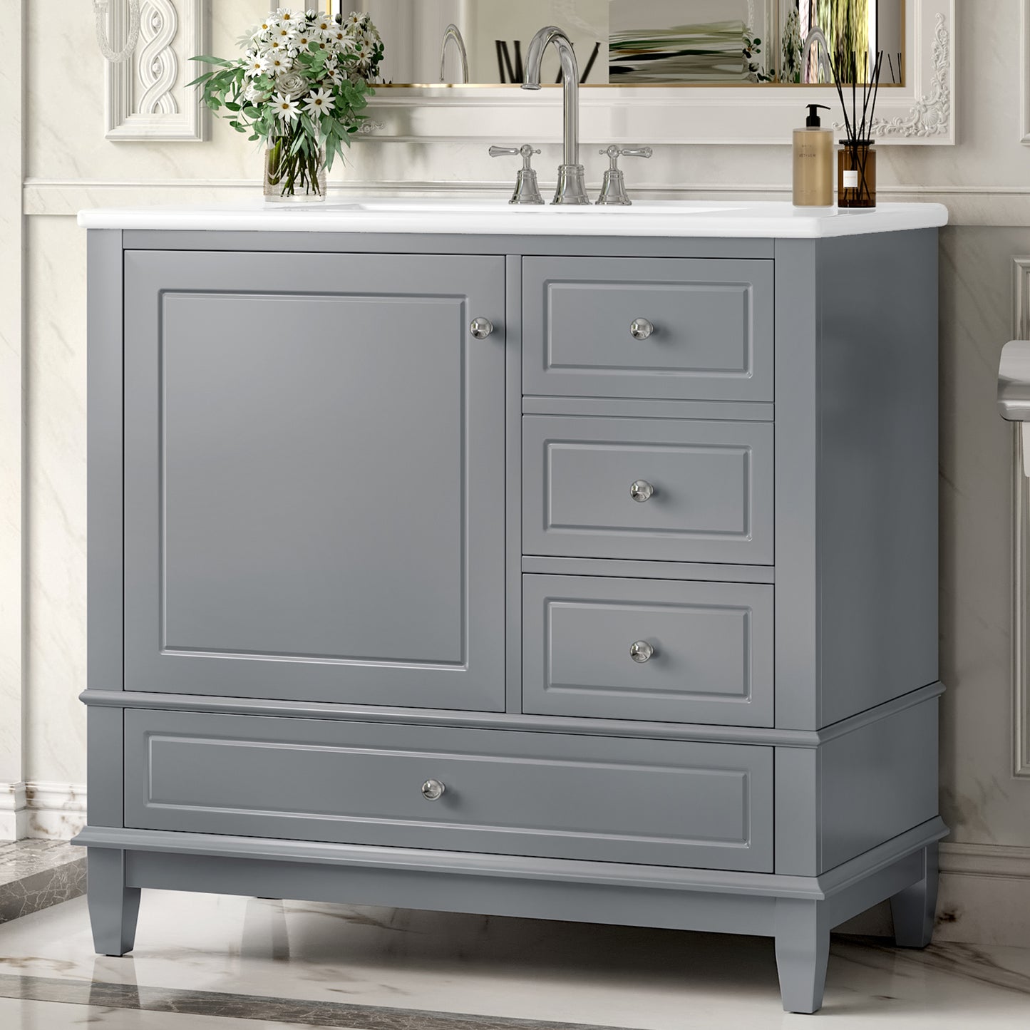 VanityFus 36-in Gray Bathroom Vanity Single Sink Combo Ceramic Top 1 Soft Close Door 3 drawers Undermount