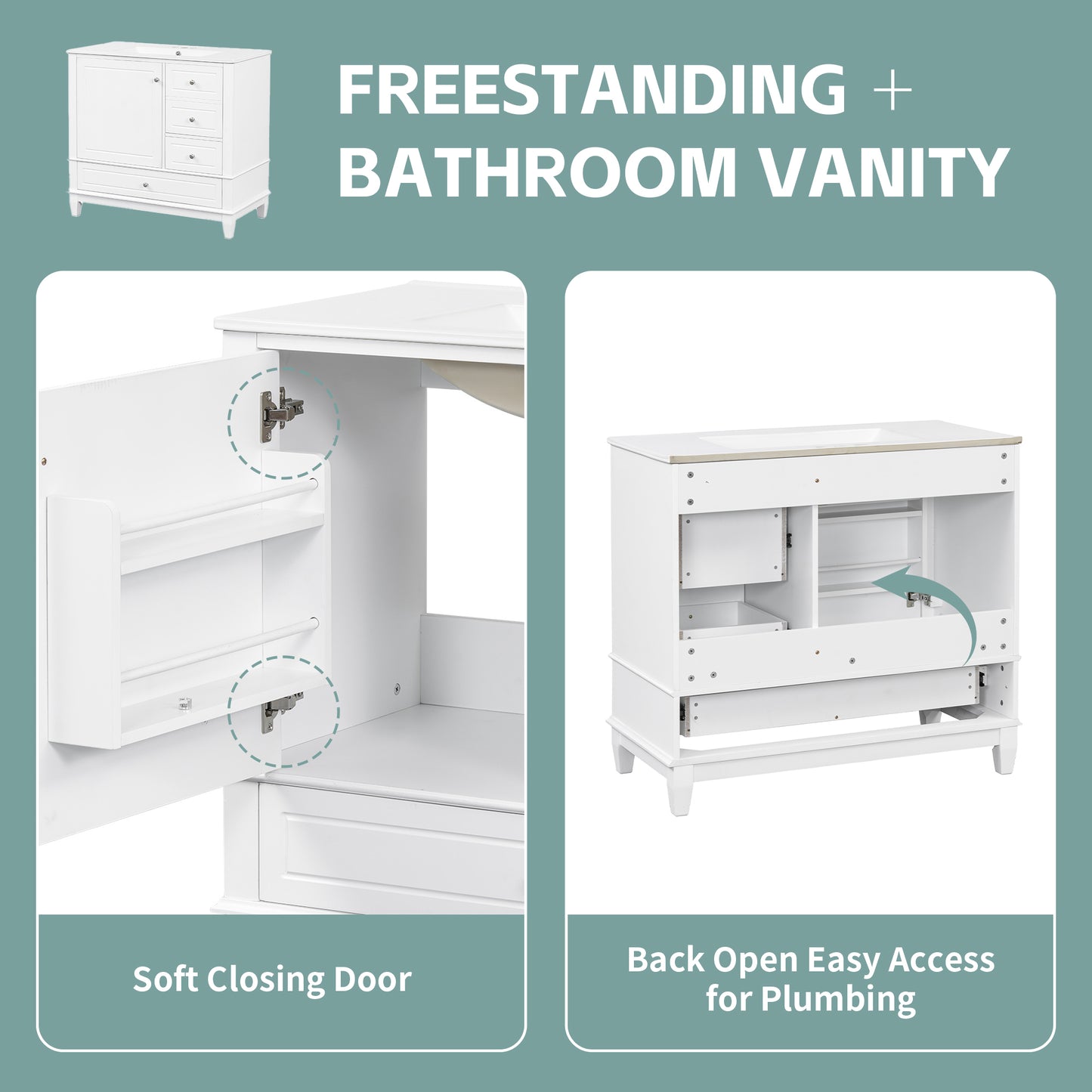 VanityFus 36-in White Bathroom Vanity Single Sink Combo Ceramic Top 1 Soft Close Door 3 drawers Undermount