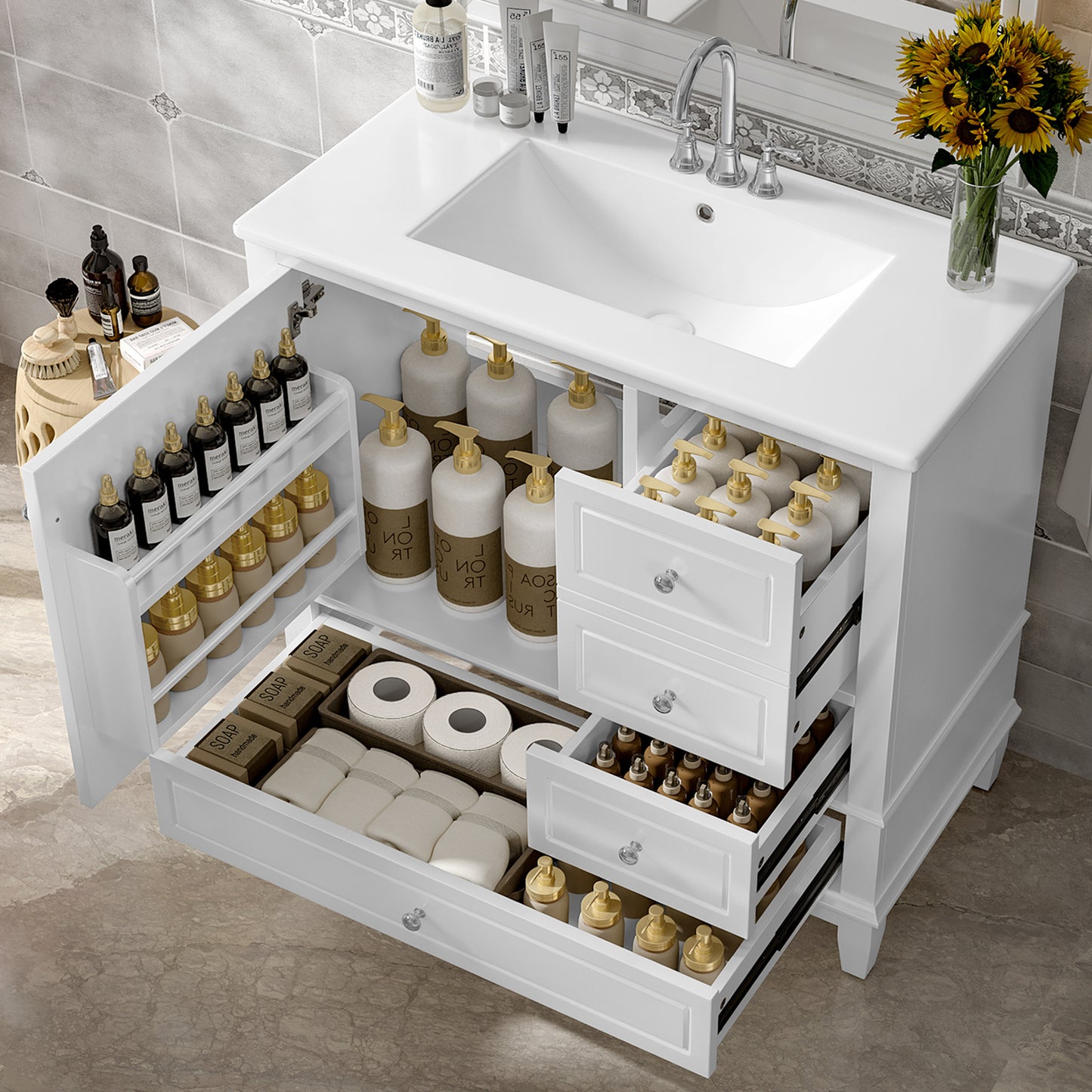 VanityFus 36-in White Bathroom Vanity Single Sink Combo Ceramic Top 1 Soft Close Door 3 drawers Undermount