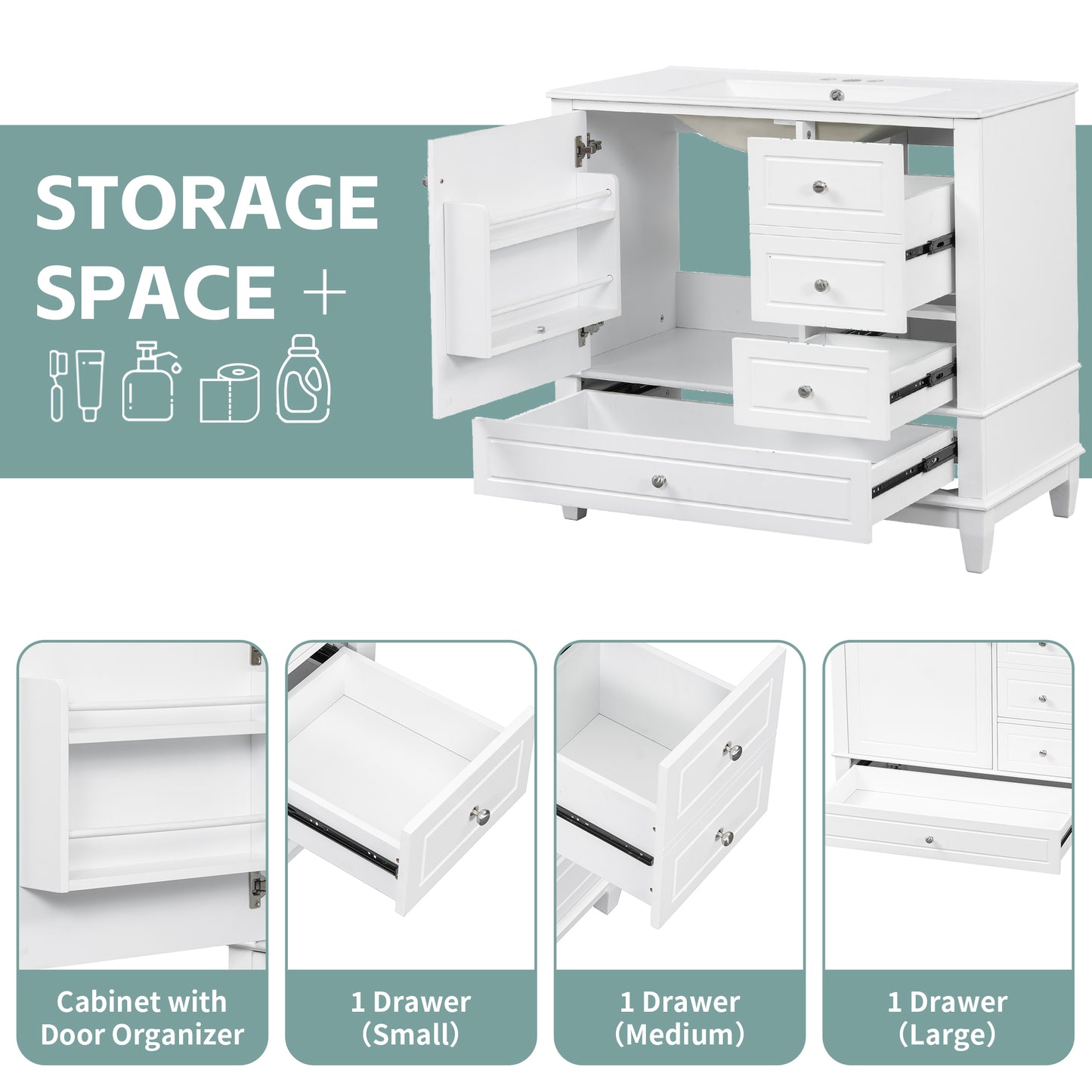 VanityFus 36-in White Bathroom Vanity Single Sink Combo Ceramic Top 1 Soft Close Door 3 drawers Undermount