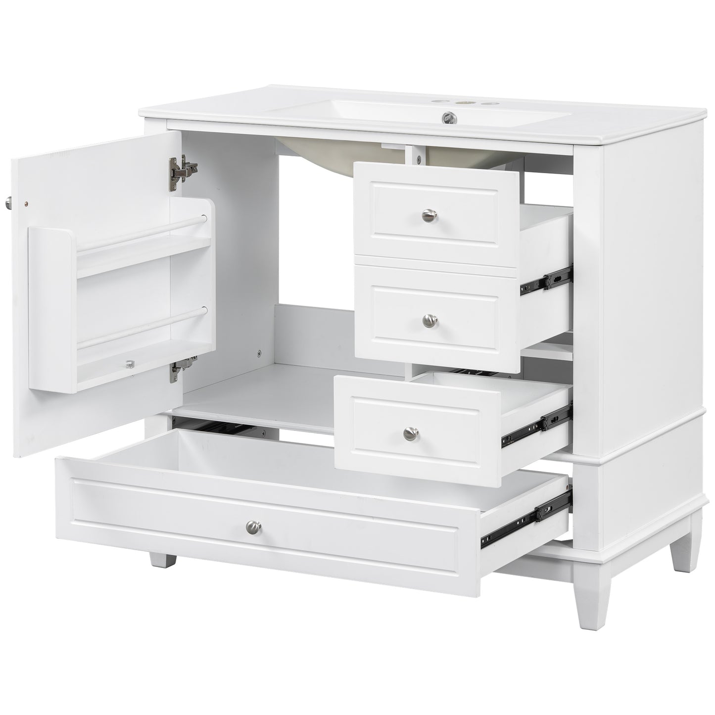 VanityFus 36-in White Bathroom Vanity Single Sink Combo Ceramic Top 1 Soft Close Door 3 drawers Undermount