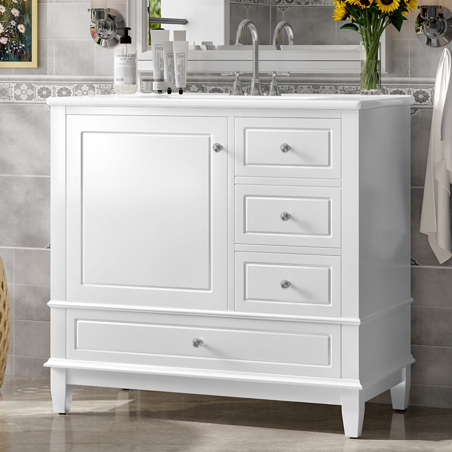 VanityFus 36-in White Bathroom Vanity Single Sink Combo Ceramic Top 1 Soft Close Door 3 drawers Undermount
