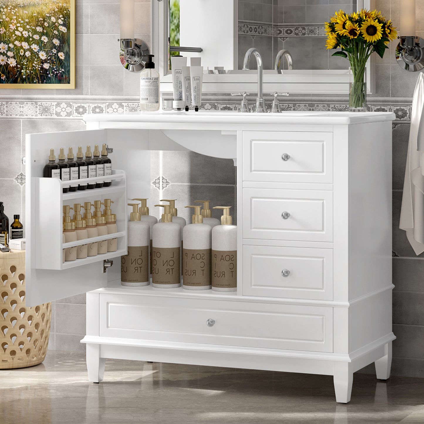 VanityFus 36-in White Bathroom Vanity Single Sink Combo Ceramic Top 1 Soft Close Door 3 drawers Undermount